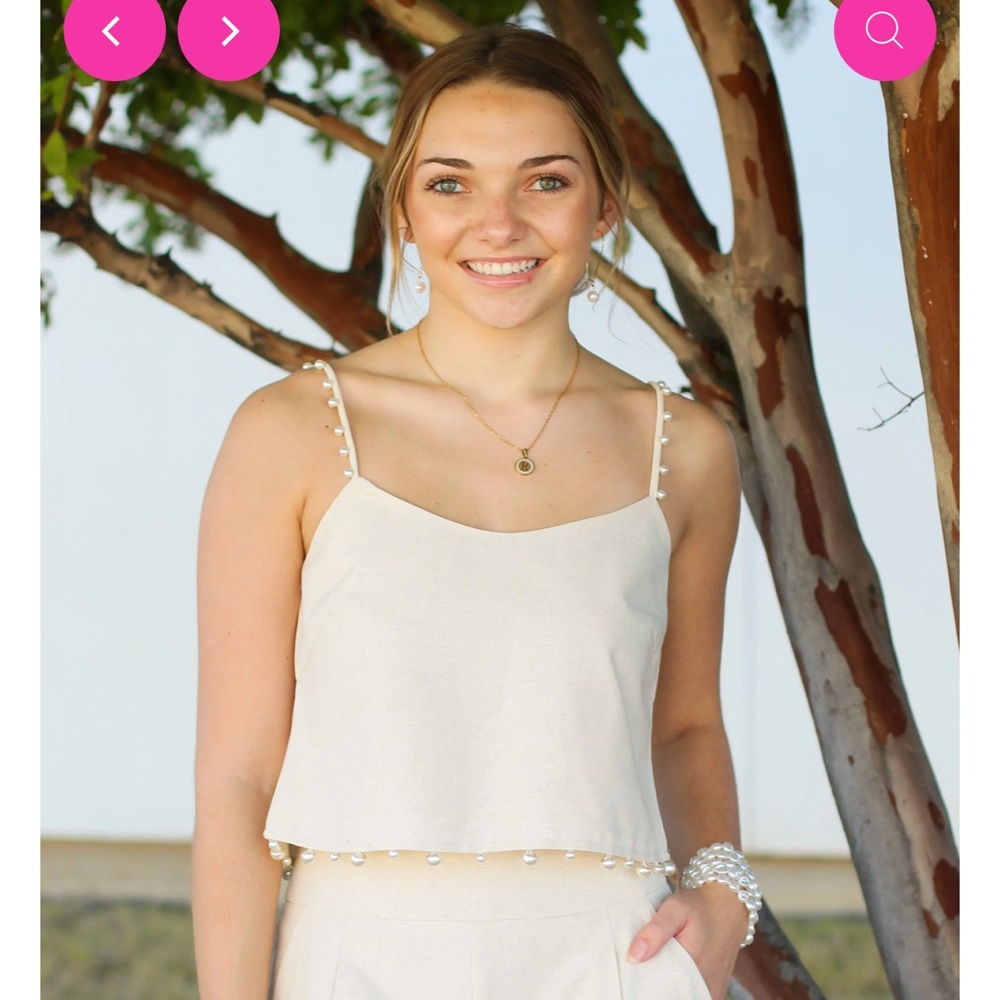Pearl Details Cropped Top Beige Linen Straps Medium